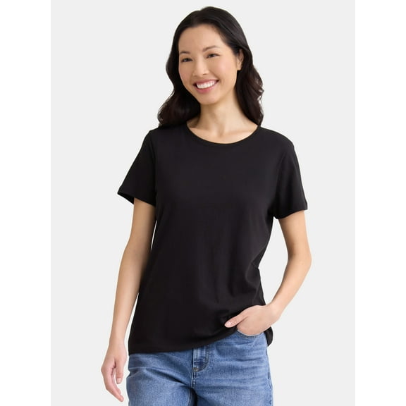 Time and Tru Women's Cotton Crewneck Tee with Short Sleeves, Size XS-XXXL