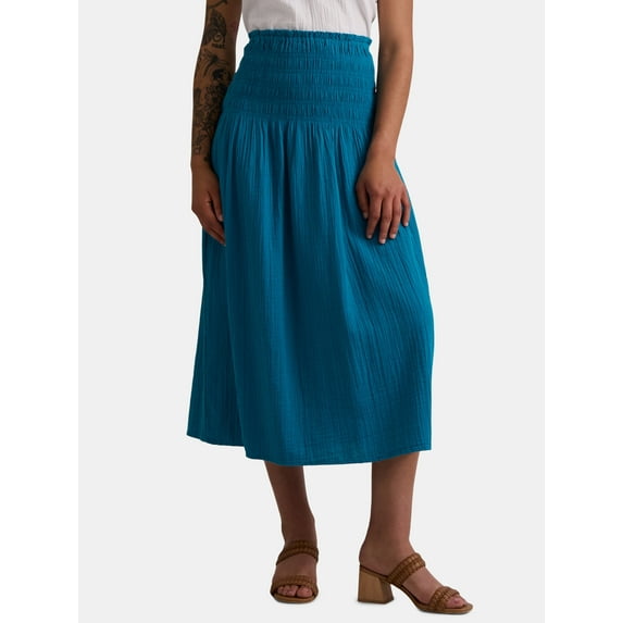 Time and Tru Women’s Cotton Double Cloth Smocked Convertible Midi Skirt, Sizes XS-XXXL