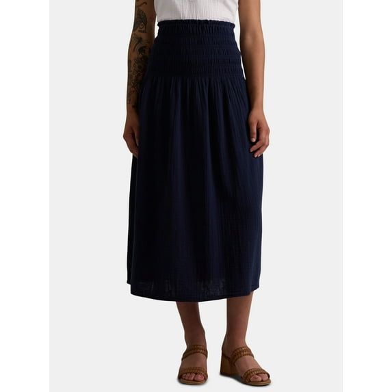 Time and Tru Women’s Cotton Double Cloth Smocked Convertible Midi Skirt, Sizes XS-XXXL