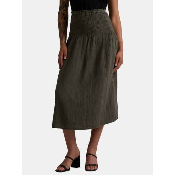 Time and Tru Women’s Cotton Double Cloth Smocked Convertible Midi Skirt, Sizes XS-XXXL