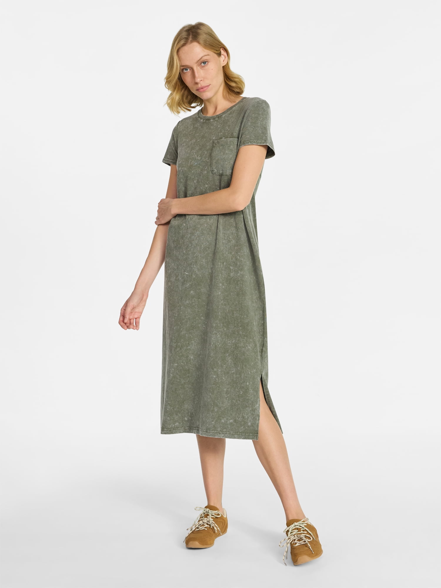 Time and Tru Women's Cotton Midi T-Shirt Dress with Short Sleeves, Sizes XS-XXXL