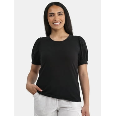 Time and Tru Women's Cotton Mixed Fabric Puff Sleeve Top, Sizes XS-XXXL