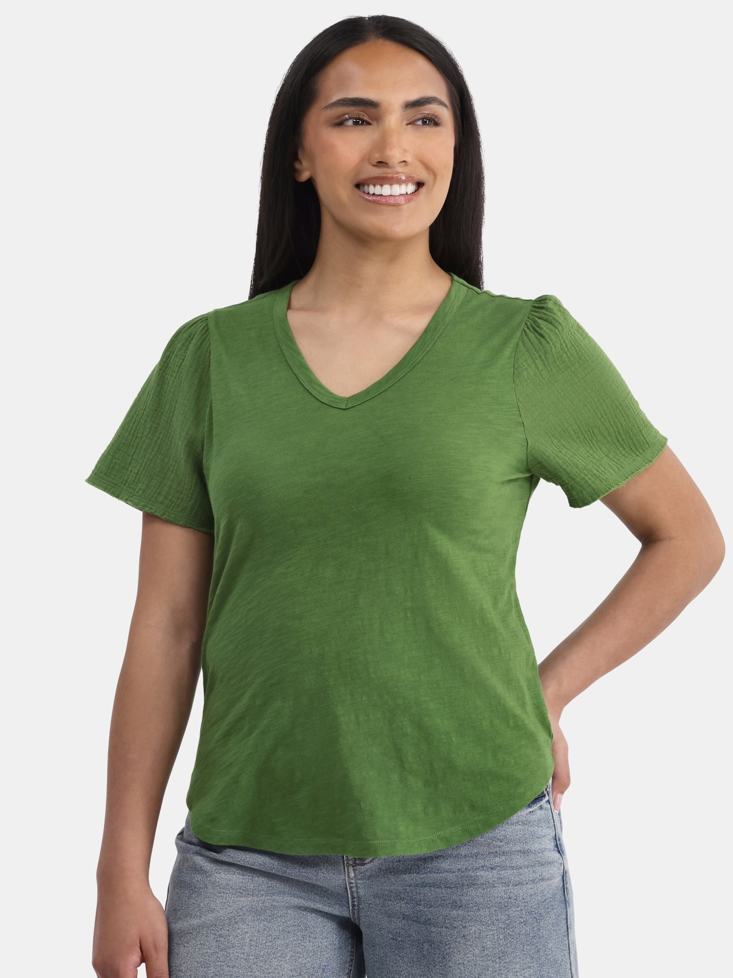Time and Tru Women's Cotton Mixed Fabric V Neck Tee, Sizes XS-XXXL