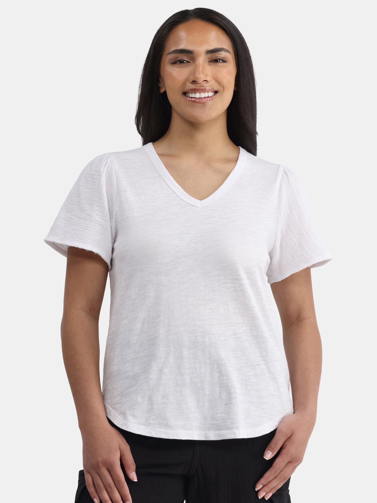 Time and Tru Women's Cotton Mixed Fabric V Neck Tee, Sizes XS-XXXL