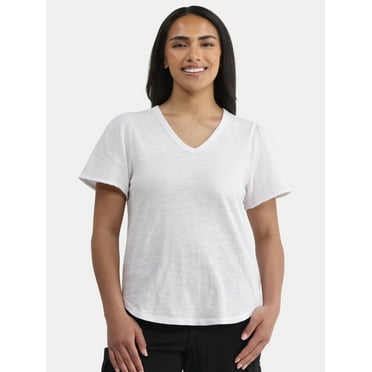Time and Tru Women's Cotton Mixed Fabric V Neck Tee, Sizes XS-XXXL