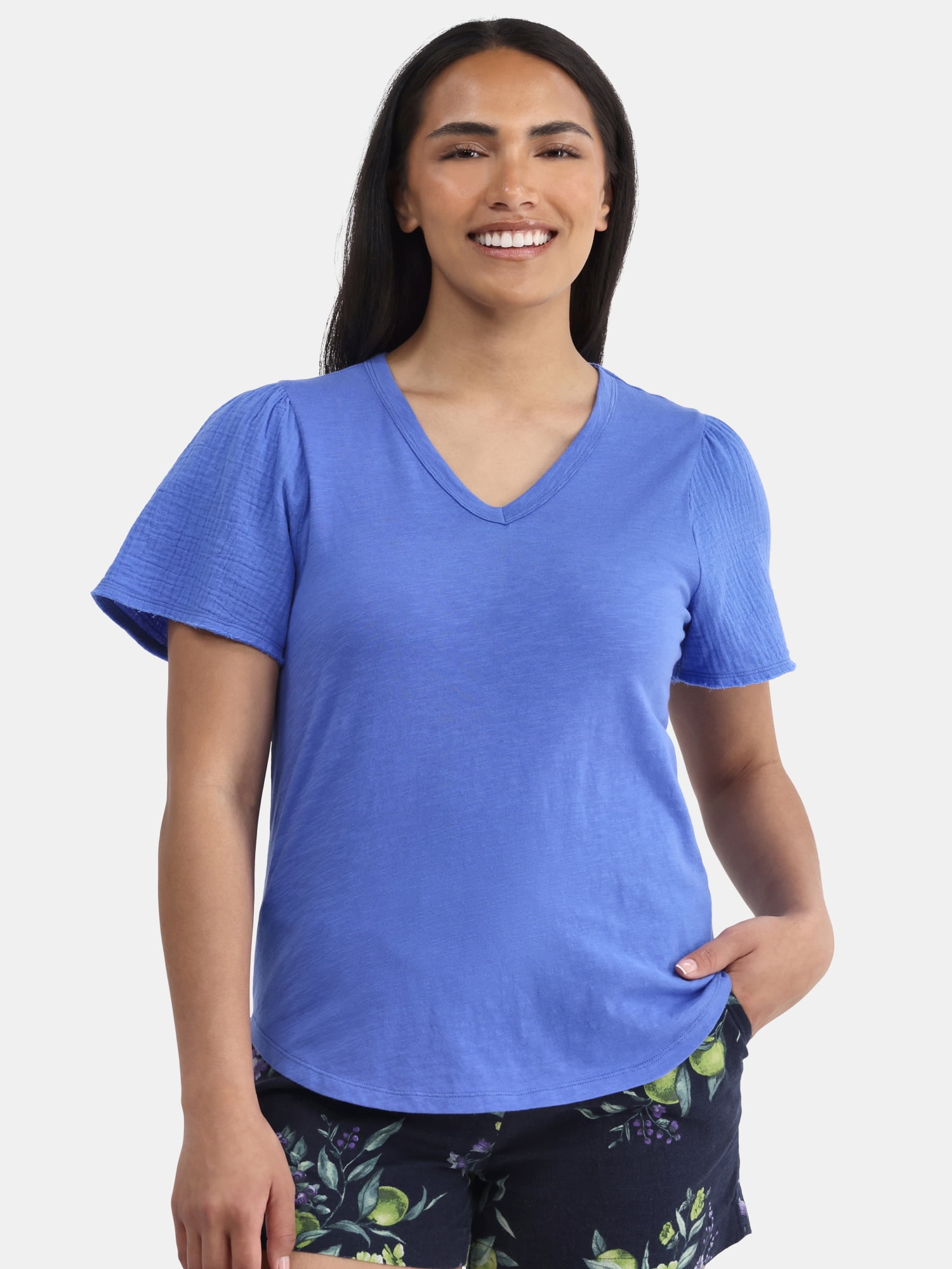 Time and Tru Women's Cotton Mixed Fabric V Neck Tee, Sizes XS-XXXL