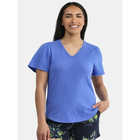 Time and Tru Women's Cotton Mixed Fabric V Neck Tee, Sizes XS-XXXL