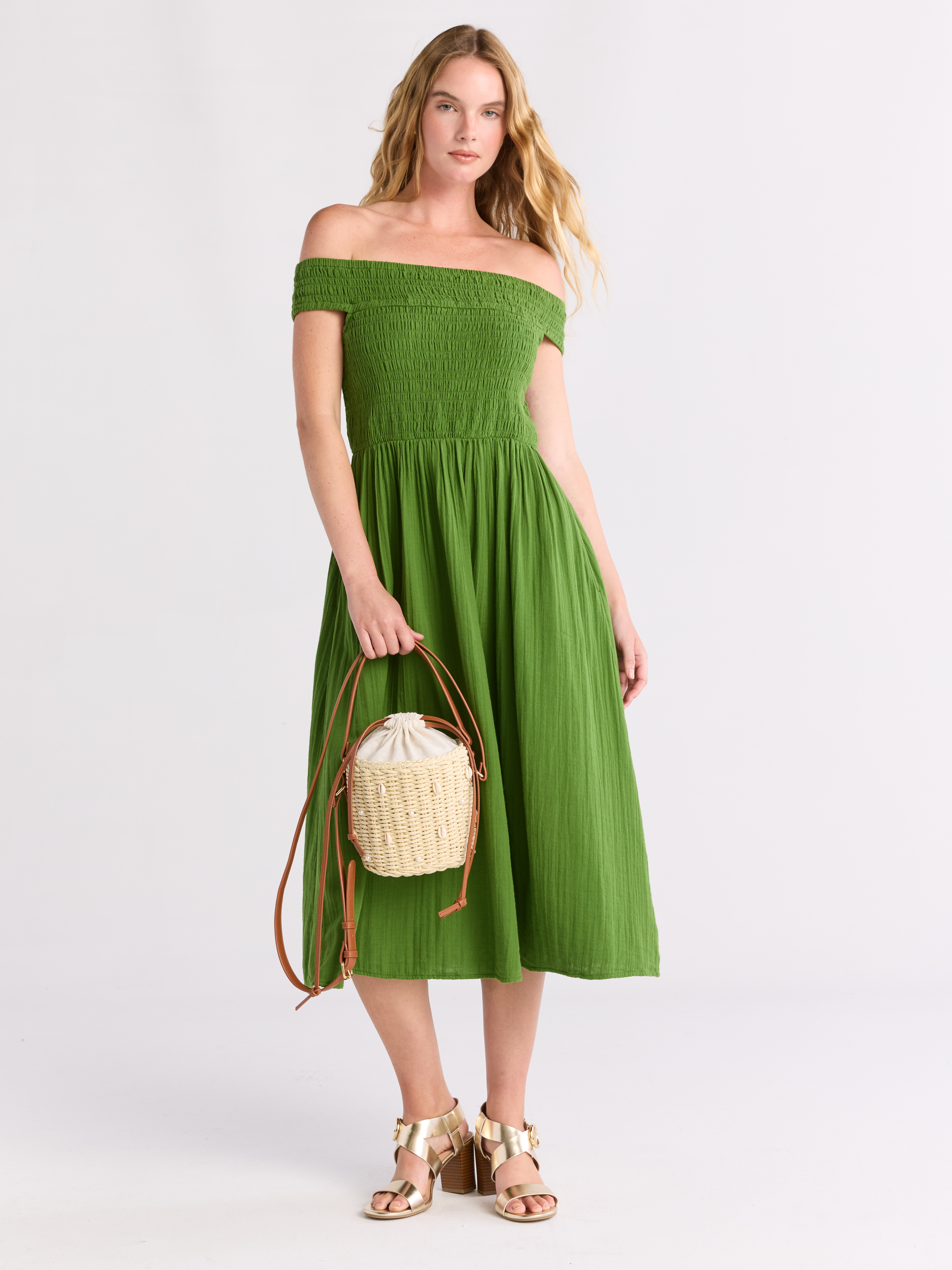 Time and Tru Women's Cotton Off the Shoulder Midi Dress, Sizes XS-XXXL