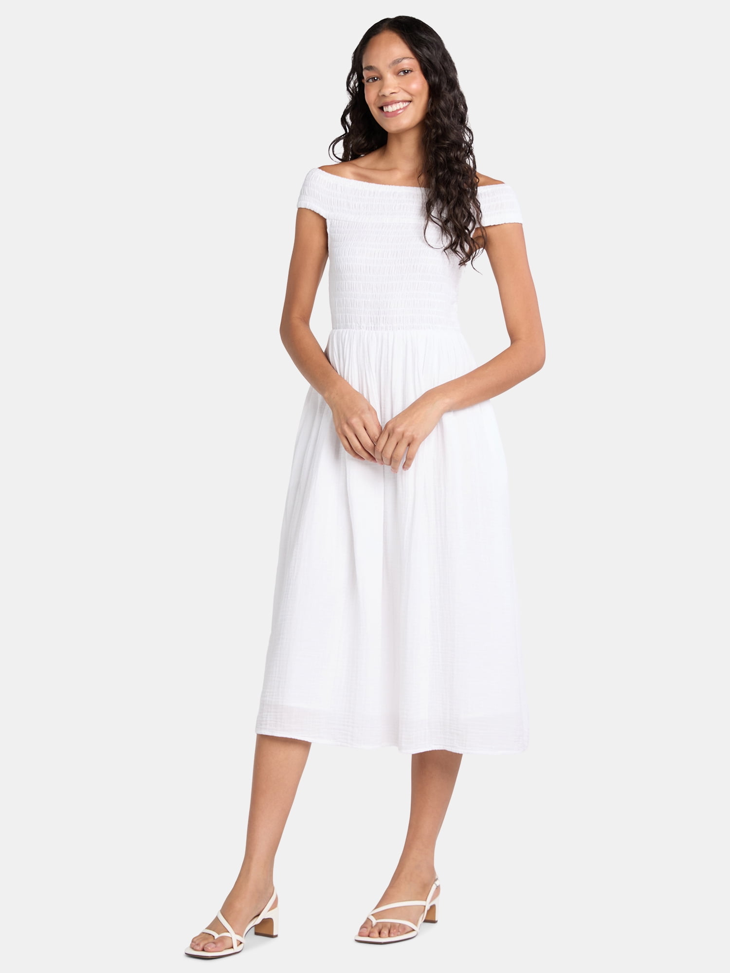 Time and Tru Women's Cotton Off the Shoulder Midi Dress, Sizes XS-XXXL