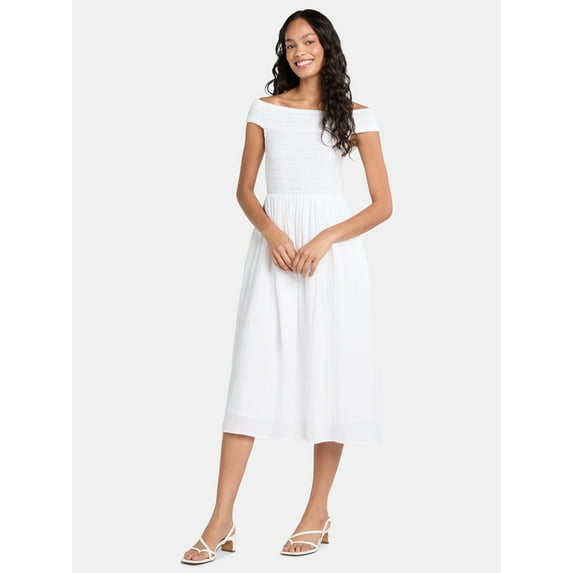 Time and Tru Women's Cotton Off the Shoulder Midi Dress, Sizes XS-XXXL