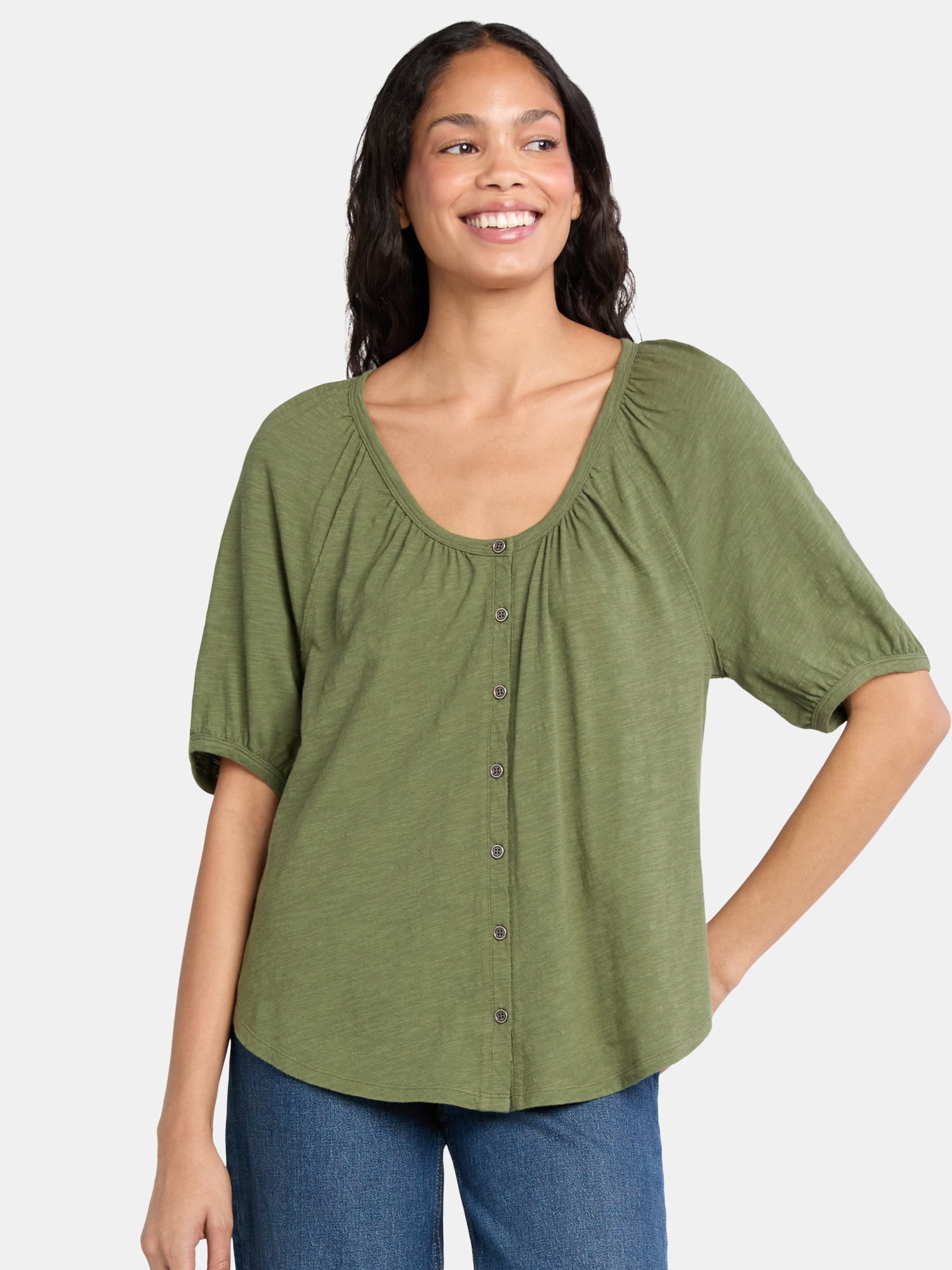 Time and Tru Women's Cotton Peasant Top, Sizes XS-XXXL