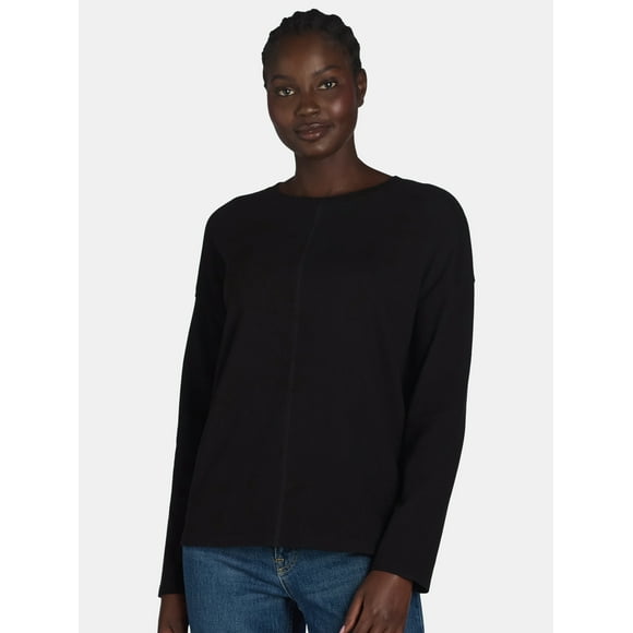 Time and Tru Women’s Cotton Pullover Tee with Long Sleeves, Sizes XS-XXXL