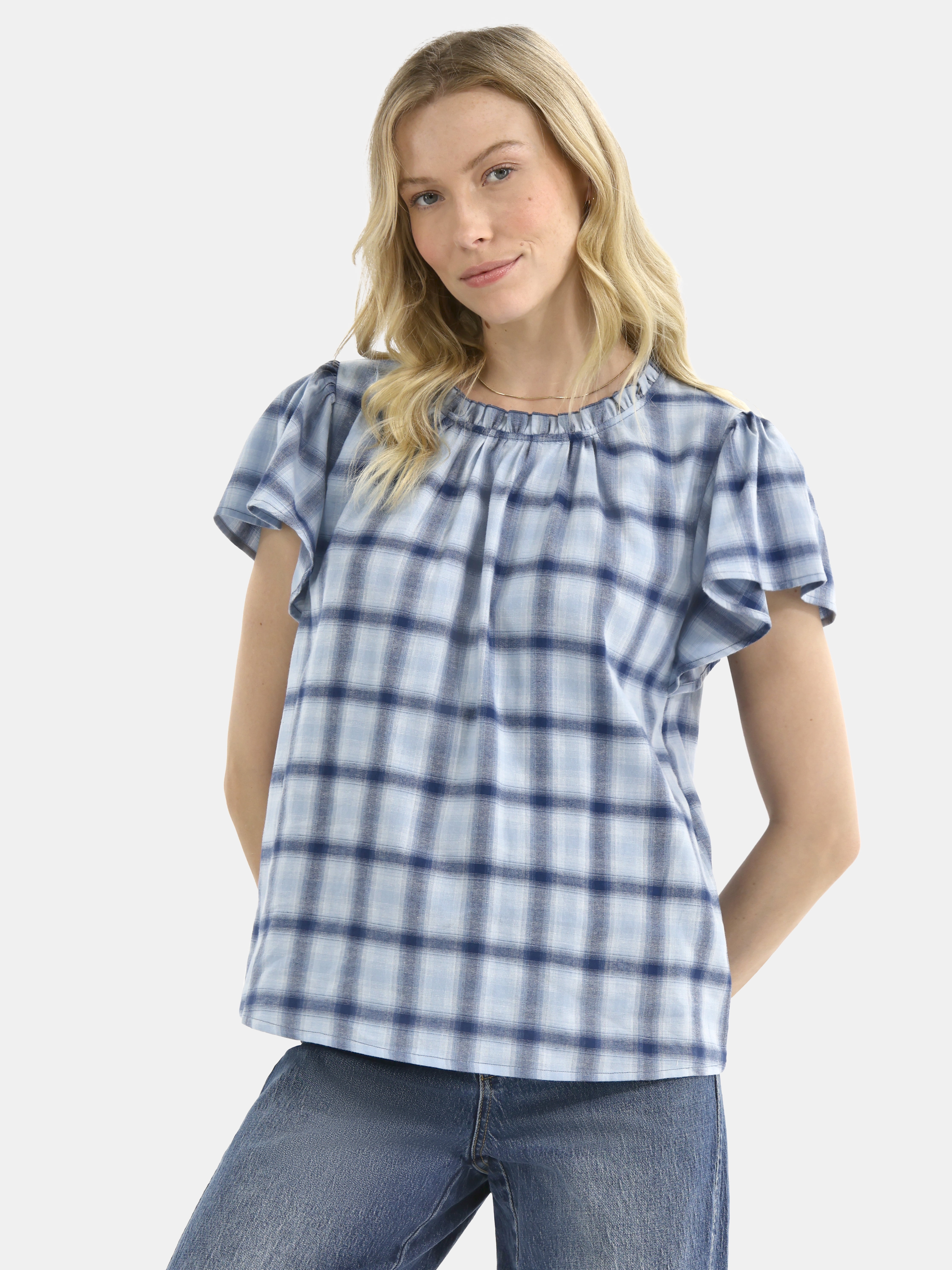 Time and Tru Women's Cotton Ruffle Neck Blouse with Flutter Sleeves, Sizes XS-XXXL