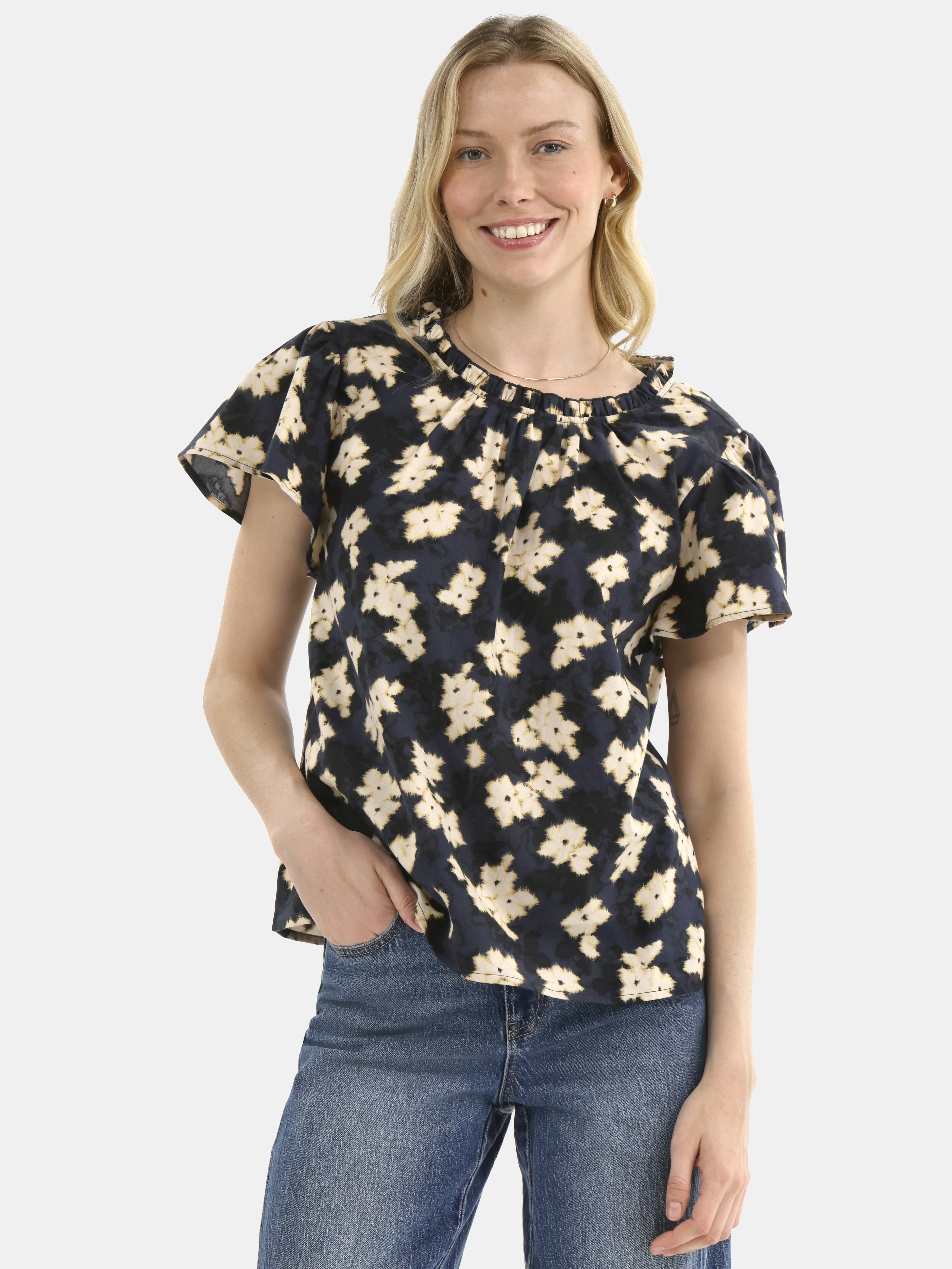 Time and Tru Women's Cotton Ruffle Neck Blouse with Flutter Sleeves, Sizes XS-XXXL