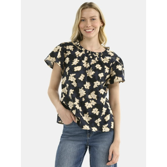 Time and Tru Women's Cotton Ruffle Neck Blouse with Flutter Sleeves, Sizes XS-XXXL