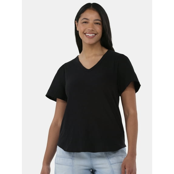 Time and Tru Women's Cotton Tee with Double Cloth Short Sleeves, Sizes XS-XXXL