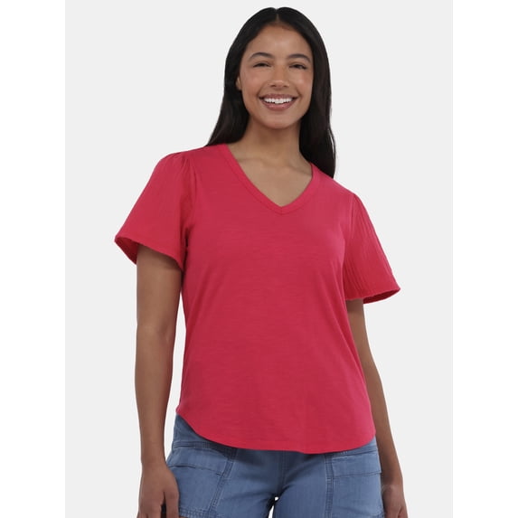 Time and Tru Women's Cotton Tee with Double Cloth Short Sleeves, Sizes XS-XXXL