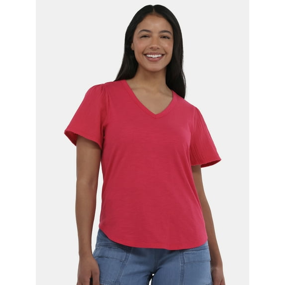 Time and Tru Women's Cotton Tee with Double Cloth Short Sleeves, Sizes XS-XXXL