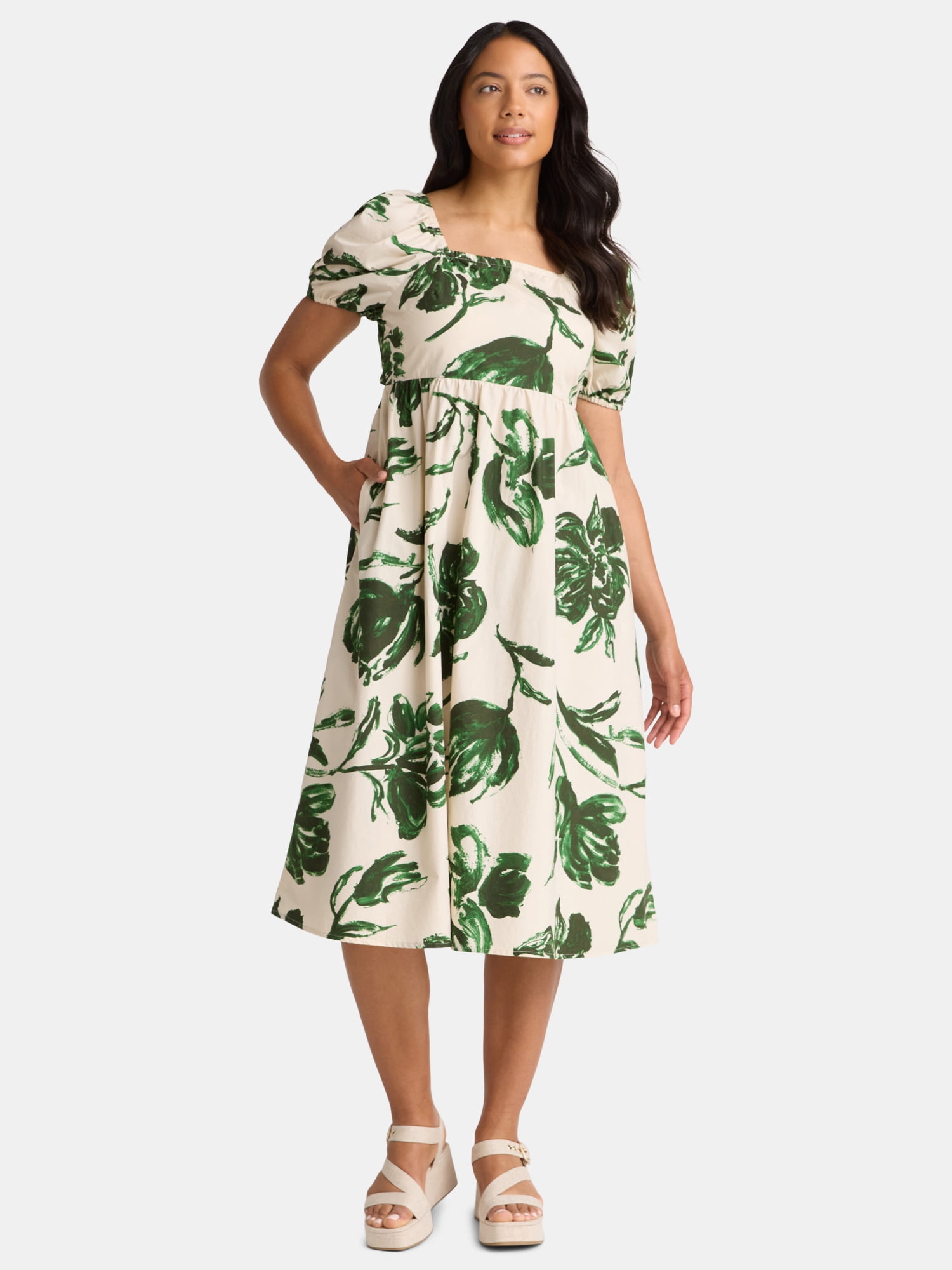 Time and Tru Women's Cotton Tie Back Midi Dress, Sizes XS-XXXL