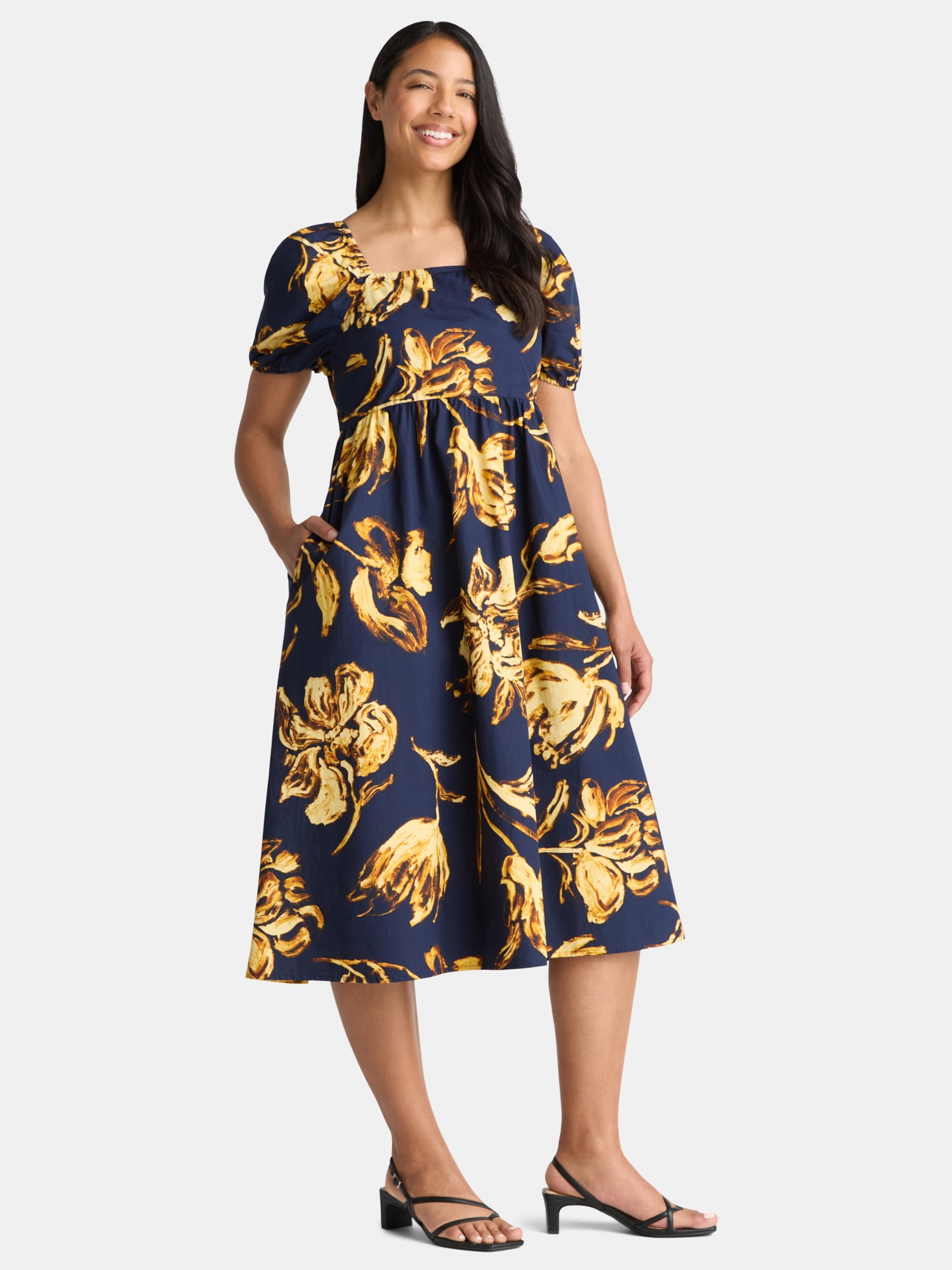 Time and Tru Women's Cotton Tie Back Midi Dress, Sizes XS-XXXL
