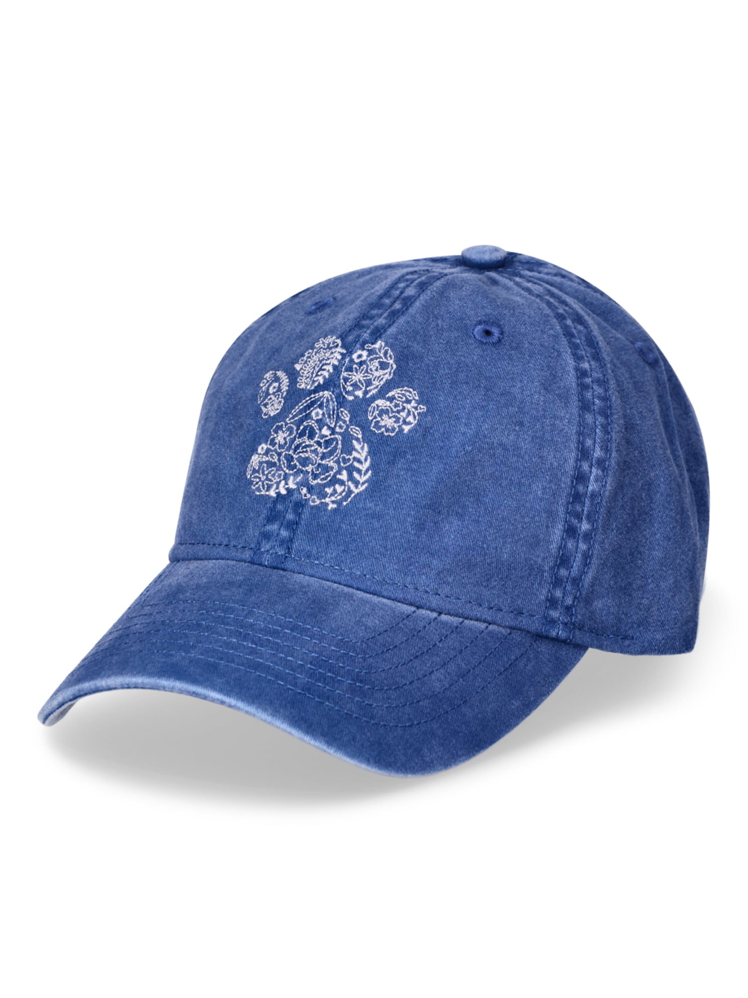 Time and Tru Women's Cotton Twill Flower Paw Baseball Hat, Blue Comet