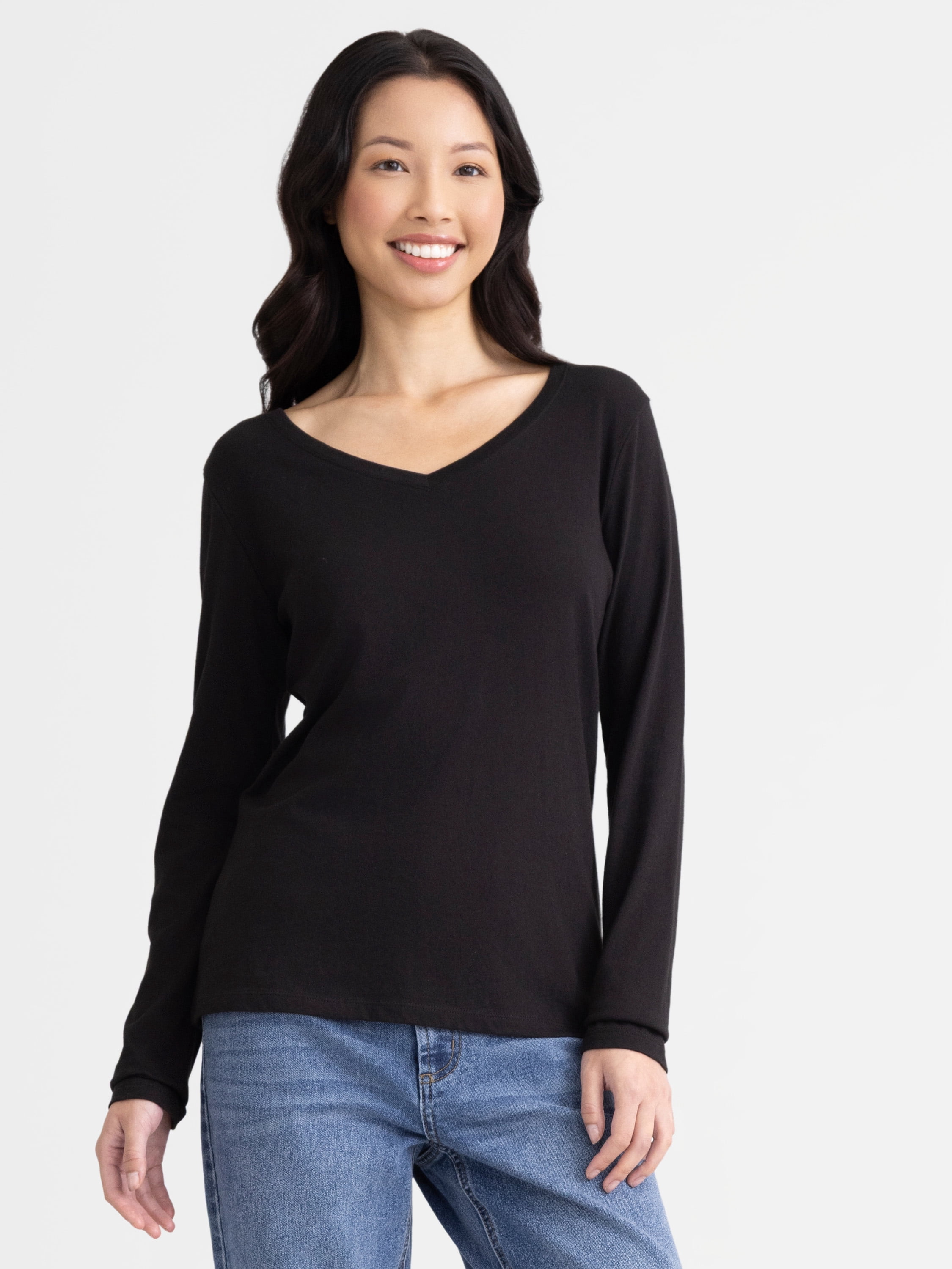 Time and Tru Women's Cotton V-Neck Tee with Long Sleeves, Size XS-XXXL