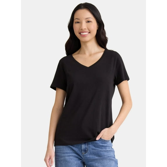 Time and Tru Women's Cotton V-Neck Tee with Short Sleeves, 2-Pack, Sizes XS-XXXL