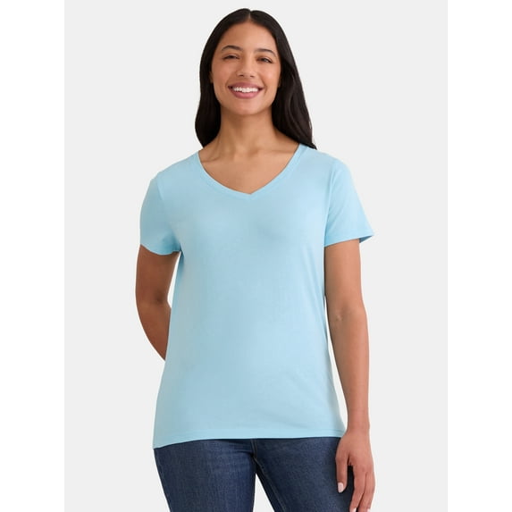 Time and Tru Women's Cotton V-Neck Tee with Short Sleeves, Sizes XS-XXXL