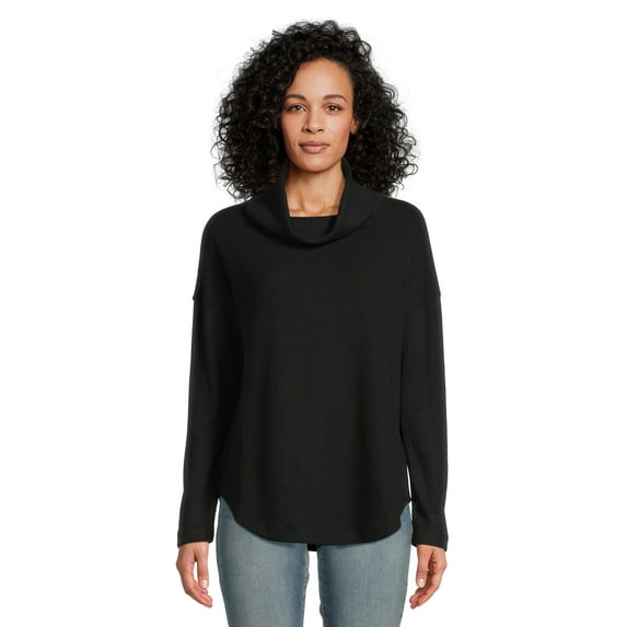 Time and Tru Women's Cowl Waffle Tunic with Long Sleeves, Sizes XS-3XL