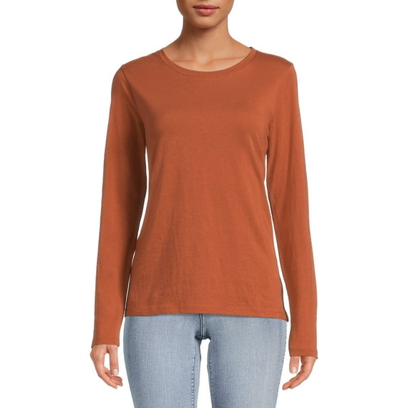 Time and Tru Women's Crew Neck Long Sleeve Solid Color T-Shirt