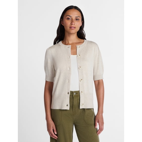 Time and Tru Women's Crewneck Cardigan with Short Sleeves, Lightweight, Sizes XS-XXXL
