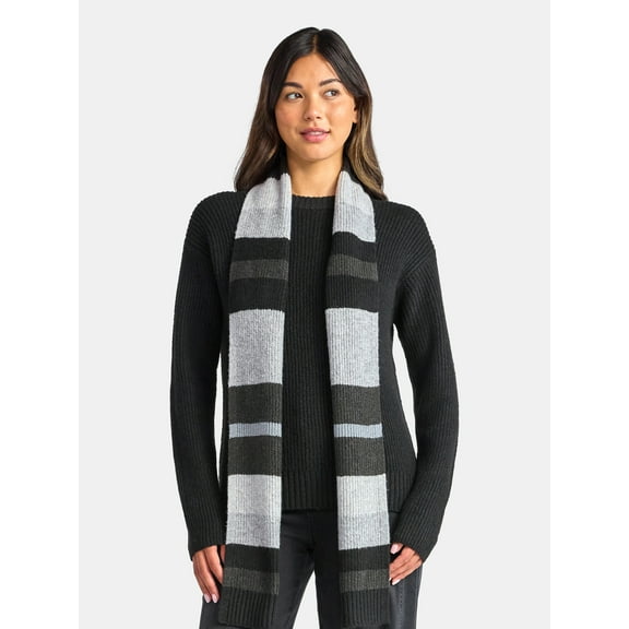 Time and Tru Women's Ribbed Crewneck Sweater and Stripe Scarf Set, 2-Piece, Sizes XS-XXXL