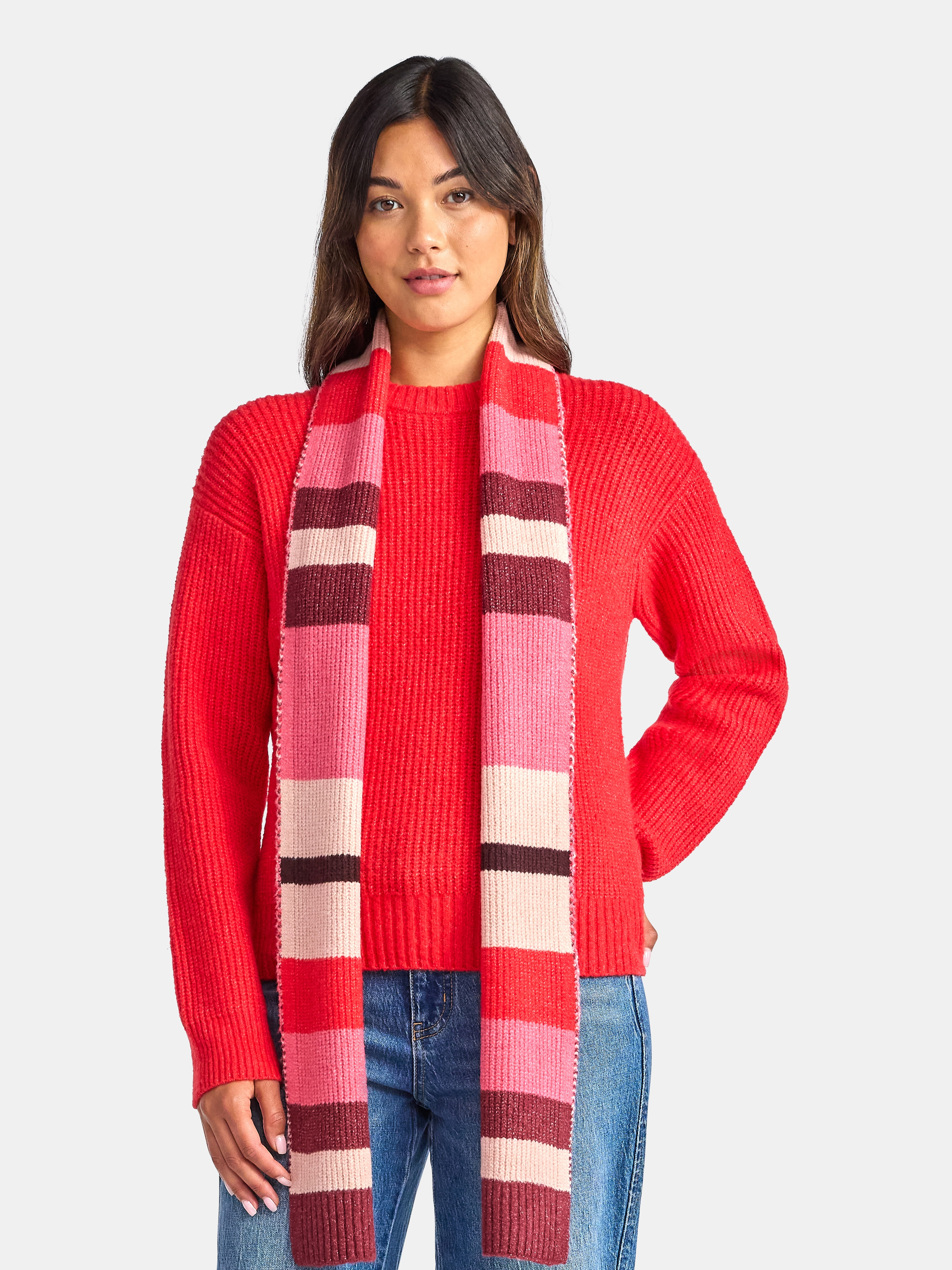 Time and Tru Women's Ribbed Crewneck Sweater and Stripe Scarf Set, 2-Piece, Sizes XS-XXXL