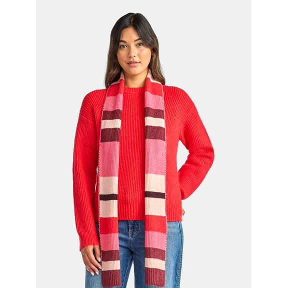 Time and Tru Women's Ribbed Crewneck Sweater and Stripe Scarf Set, 2-Piece, Sizes XS-XXXL