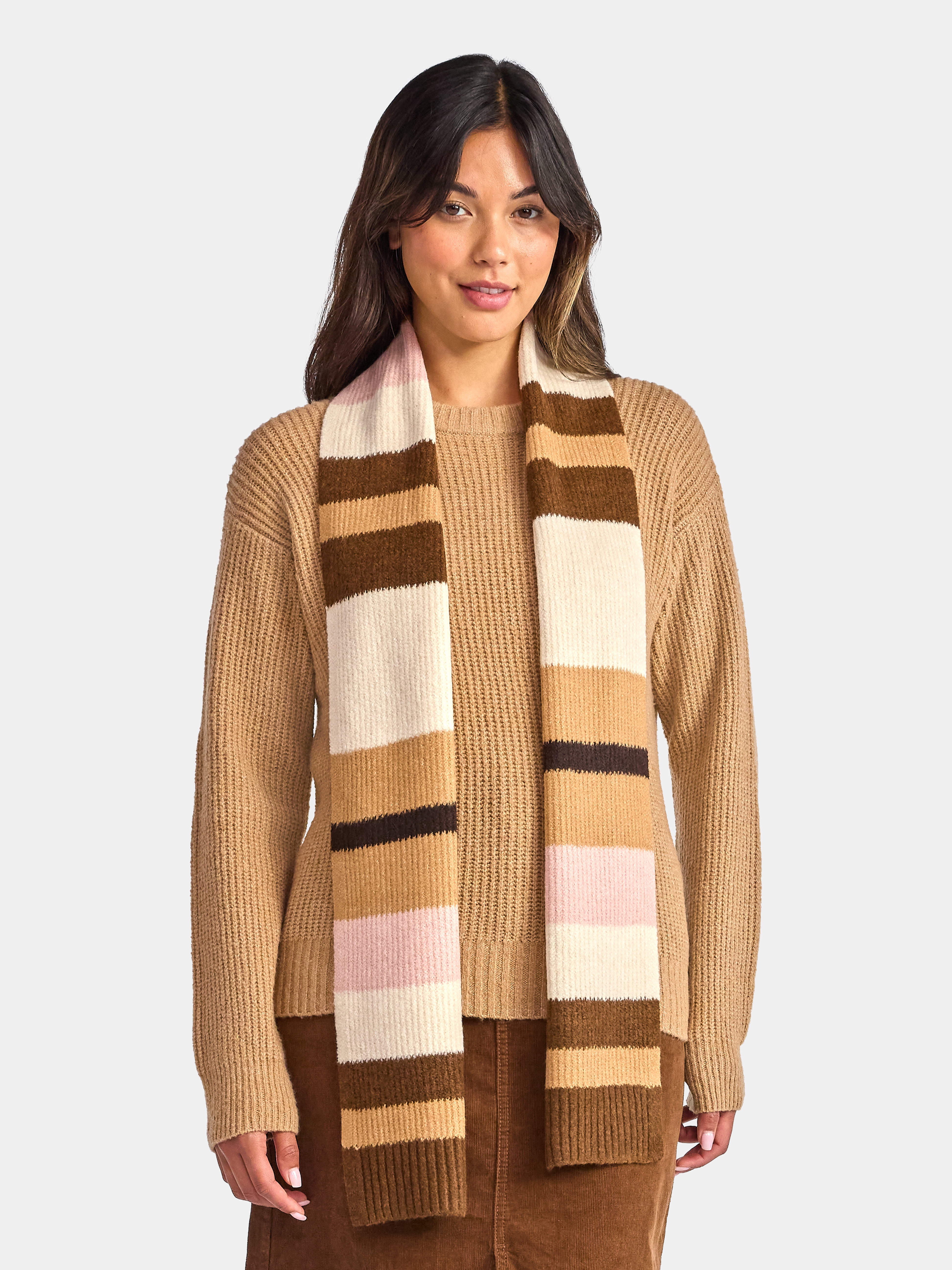 Time and Tru Women's Ribbed Crewneck Sweater and Stripe Scarf Set, 2-Piece, Sizes XS-XXXL