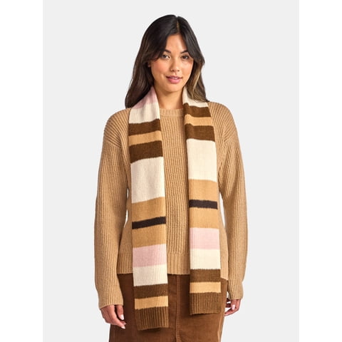 Women's Ribbed Crewneck Sweater and Stripe Scarf Set, 2-Piece, Sizes XS-XXXL