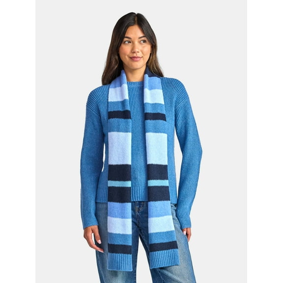 Time and Tru Women's Ribbed Crewneck Sweater and Stripe Scarf Set, 2-Piece, Sizes XS-XXXL