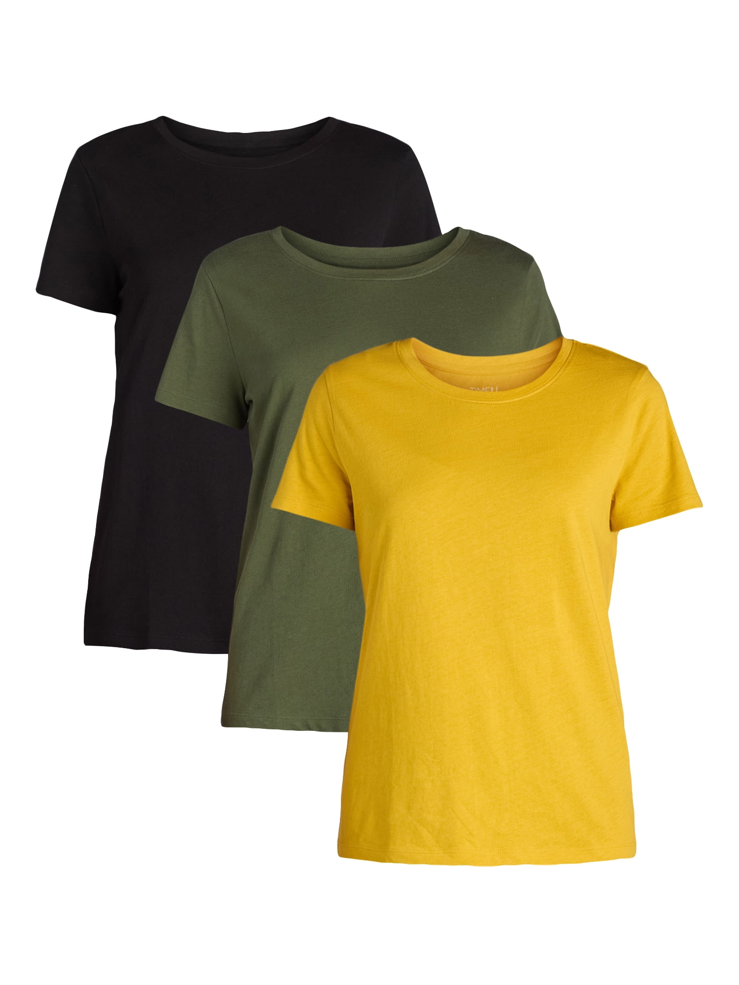 Time and Tru Women's Cotton Crewneck Tee with Short Sleeves, 3-Pack, Sizes XS-XXXL