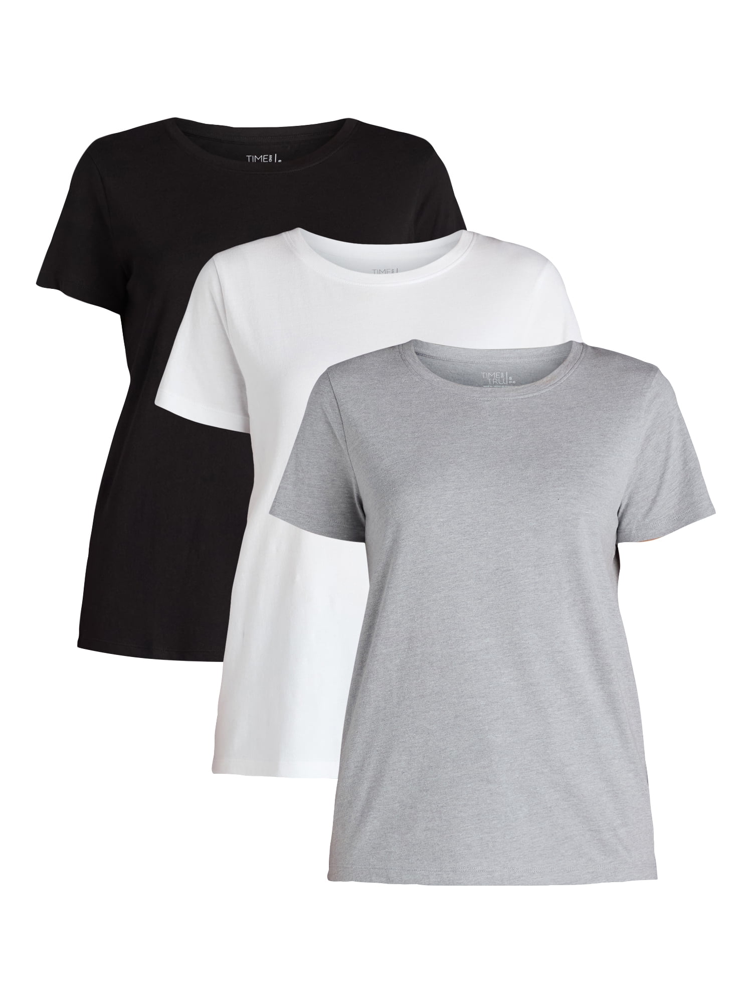 Time and Tru Women's Cotton Crewneck Tee with Short Sleeves, 3-Pack, Sizes XS-XXXL