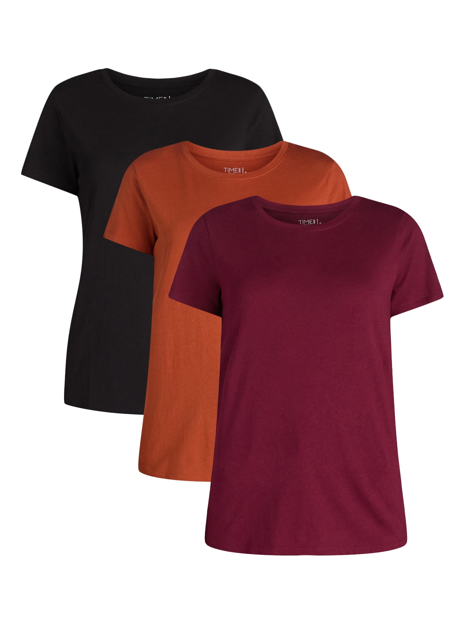 Time and Tru Women's Cotton Crewneck Tee with Short Sleeves, 3-Pack, Sizes XS-XXXL