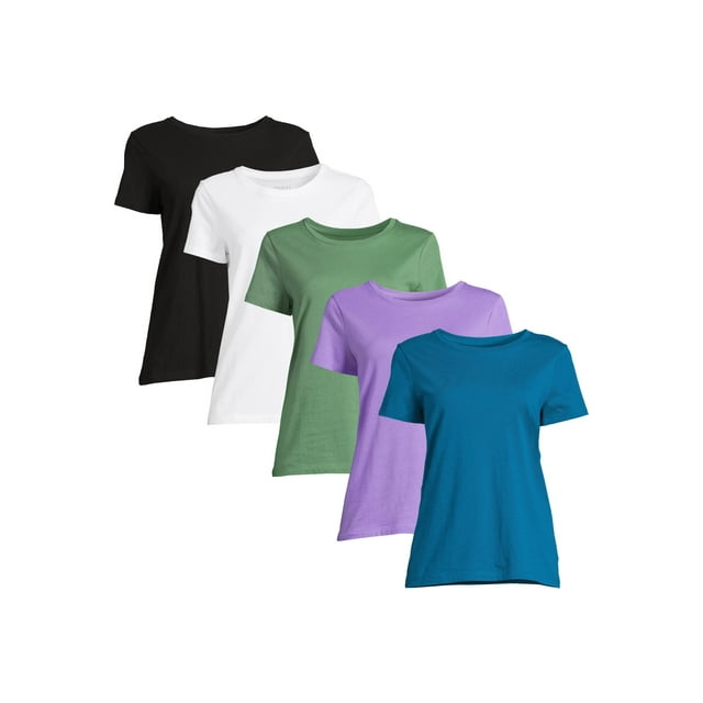 Time and Tru Women's Crewneck Tee with Short Sleeves, 5-Pack