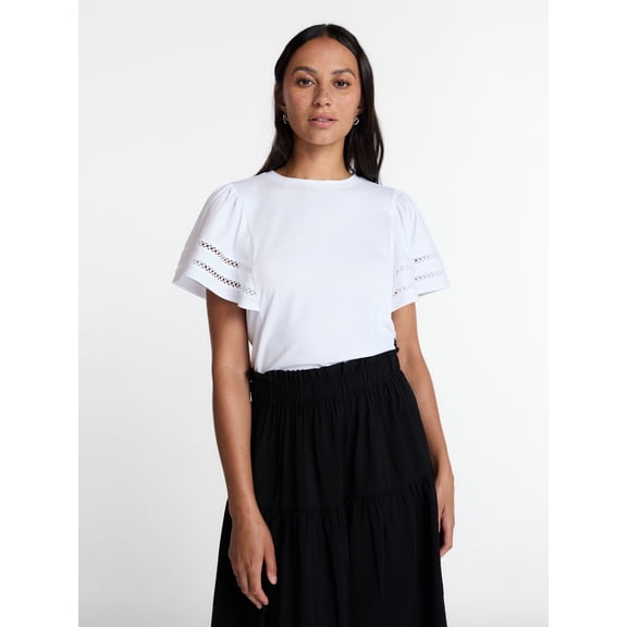 Time and Tru Women’s Crewneck Top with Lace Inset Flounce Sleeves, Sizes XS-XXXL