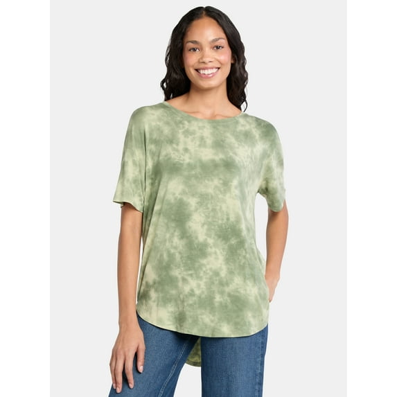 Time and Tru Women’s Crewneck Tunic Tee with Short Sleeves, Sizes XS-XXXL