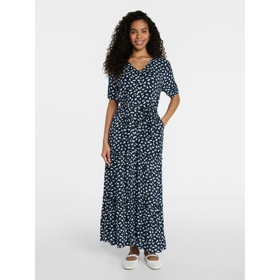 Time and Tru Women’s Crinkle Maxi Dress with Short Sleeves, Sizes XS-XXXL