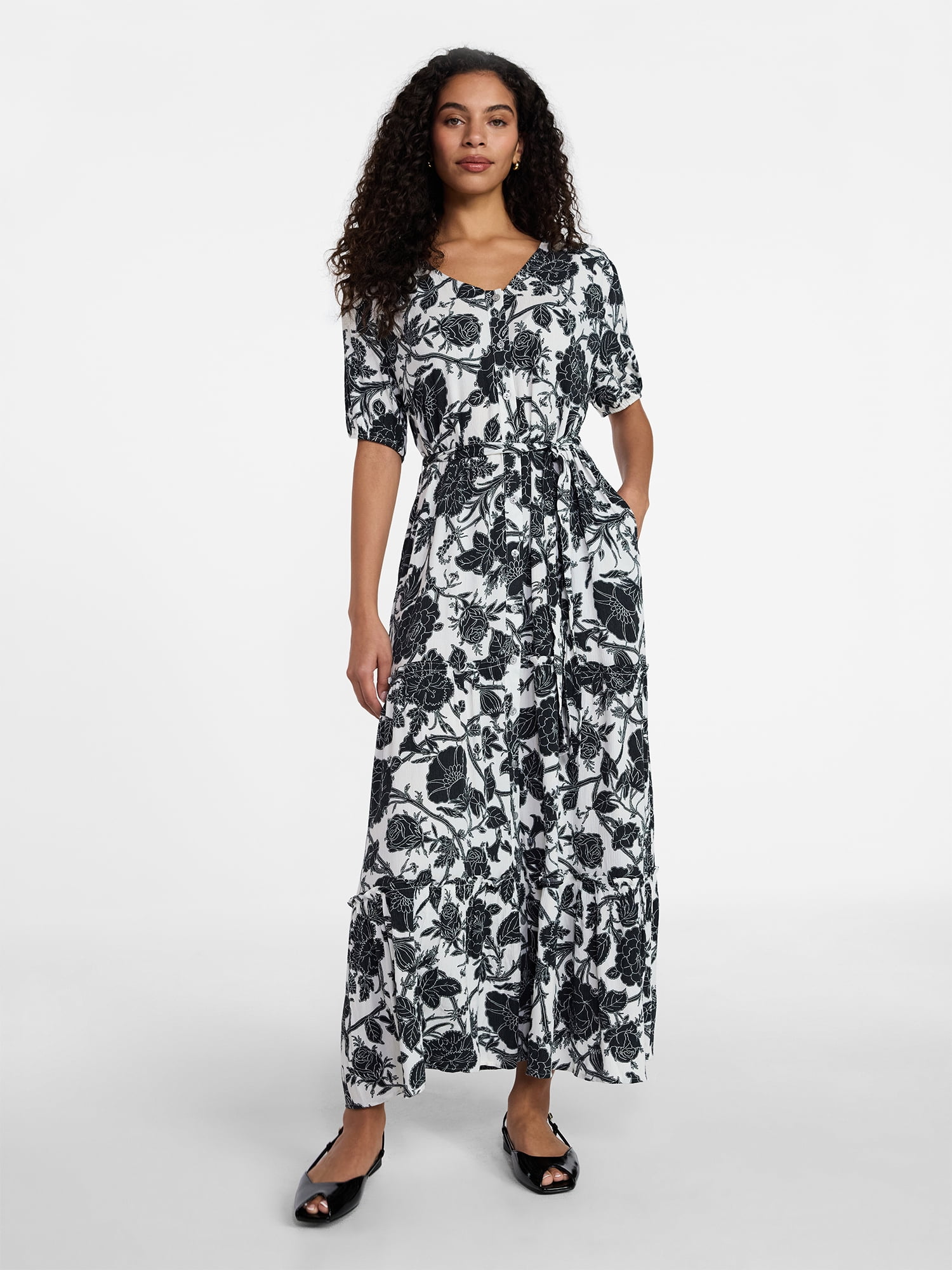 Time and Tru Womens Crinkle Maxi Dress with Short Sleeves, Sizes Xs-xxxl