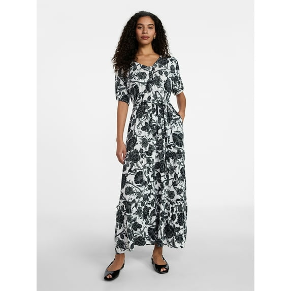 Time and Tru Women’s Crinkle Maxi Dress with Short Sleeves, Sizes XS-XXXL