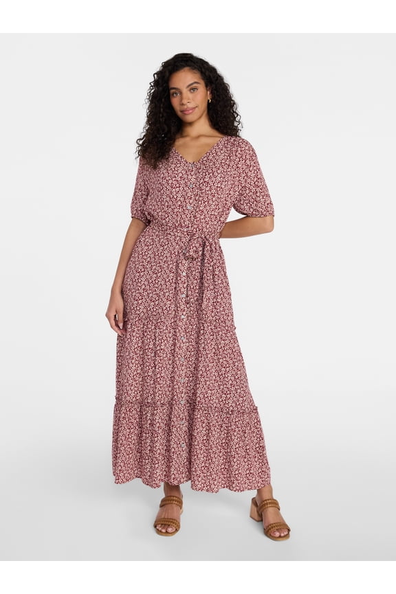 Women’s Crinkle Maxi Dress with Short Sleeves, Sizes XS-XXXL