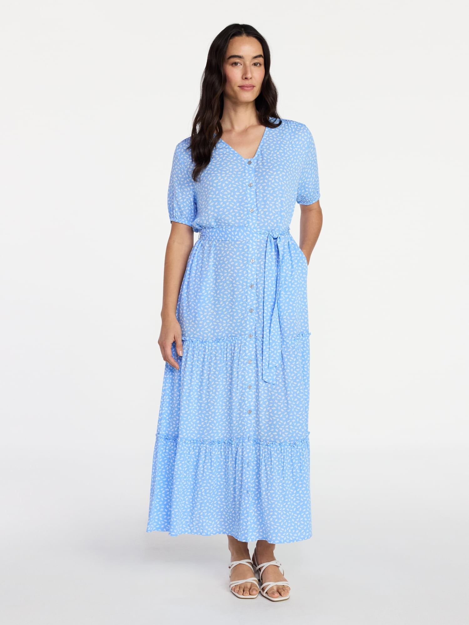 Time and Tru Women's Crinkle Maxi Dress with Short Sleeves, Sizes