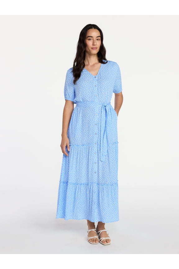 Women’s Crinkle Maxi Dress with Short Sleeves, Sizes XS-XXXL