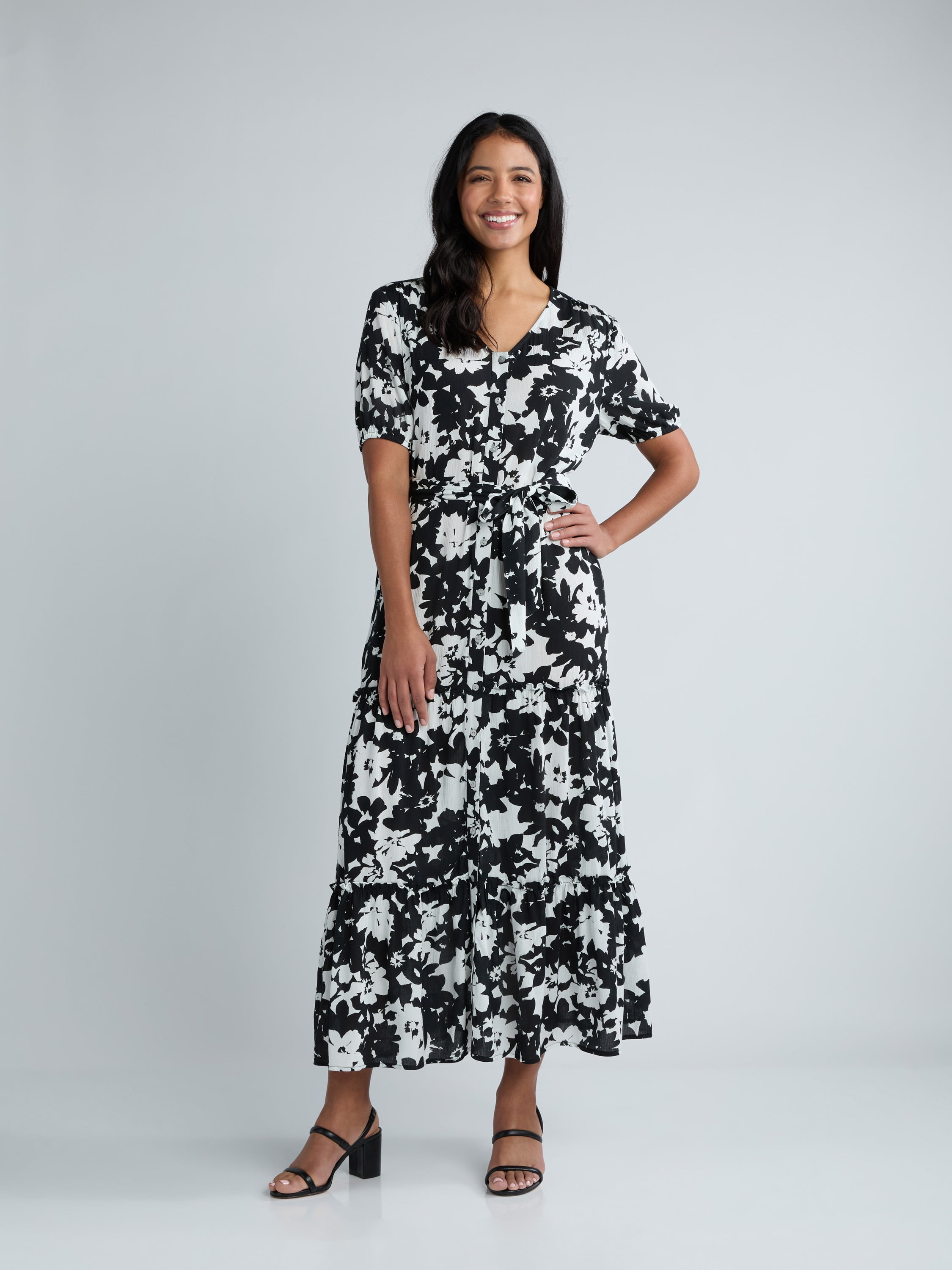 Time and Tru Women's Crinkle Maxi Dress with Short Sleeves, Sizes XS-XXXL